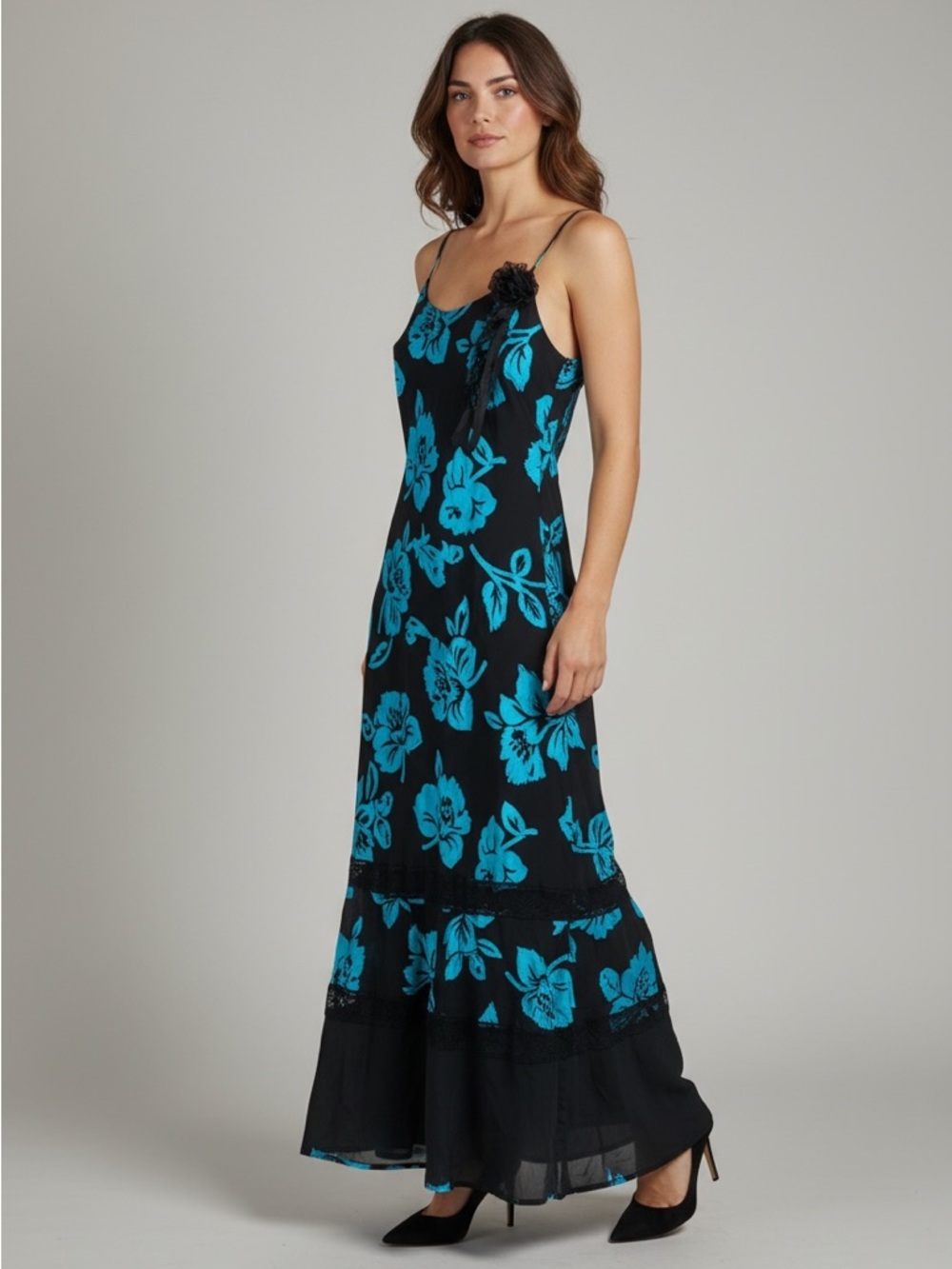 Y2K Black Slip Maxi Dress with Teal Floral Print and Sheer Ruffle Hem